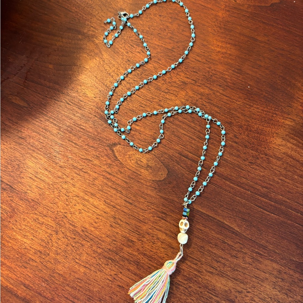 Custom Turquoise and Skull Beaded Necklace with Multicolored Tassel